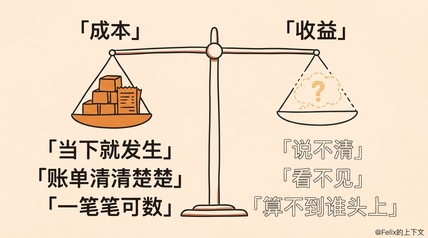 对比图:成本一侧是当下就发生、账单清清楚楚的实块,收益一侧是说不清、看不见、算不到谁头上的虚影
